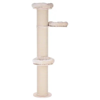 Klösträd i beige med tre runda liggplatser och en pelare av sisal. Alla liggplatser har mjuka, vadderade kanter.