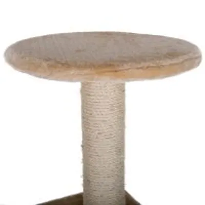 Okrągła platforma drapaka dla kota, słupek owinięty sznurkiem sizalowym, widoczna miękka powierzchnia do leżenia.