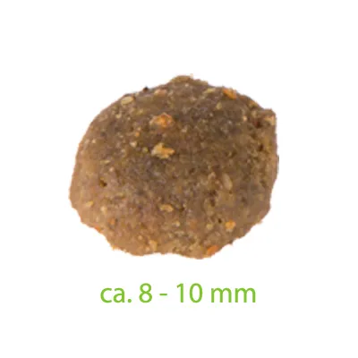 Komad suhe hrane promjera cca 8–10 mm, prikazan izbliza s natpisom 'ca. 8–10 mm' ispod.