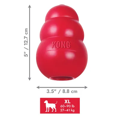 KONG XL, mere: 12,7 cm višine, 8,8 cm širine. Za pse s telesno težo od 27 do 41 kg (60–90 lb).