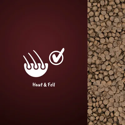 Symbol für Haut und Fell mit Häkchen, daneben Nahaufnahme von braunen Kroketten.