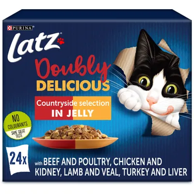 Latz Doubly Delicious Countryside selection in jelly, 24x portions. Med nötkött och fågel, kyckling och njure, lamm och kalv, kalkon och lever. Ingen färgämnen. Purina.