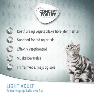 CONCEPT FOR LIFE. Kostfibre og vegetabilske fibre, sundhed for led og brusk, effektiv vægtkontrol, muskelbevarelse, fri fra hvede, majs og soja. LIGHT ADULT til overvægtige katte over 1 år.
