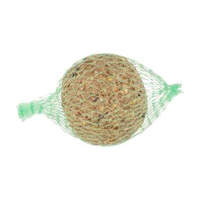 Futterknödel in grünem Netz, sichtbar mit Körnern und Samen.