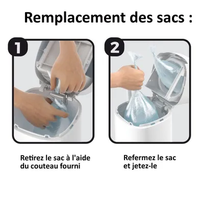 Remplacement des sacs : 1. Retirez le sac à l'aide du couteau fourni. 2. Refermez le sac et jetez-le.
