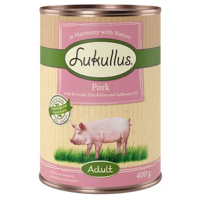Lukullus Pork, Adult, 400 g. Widoczny tekst: in Harmony with Nature, with Broccoli, Dandelion and Safflower Oil, Ursprünglicher Geschmack, Schwein mit Brokkoli, Löwenzahn und Distelöl.