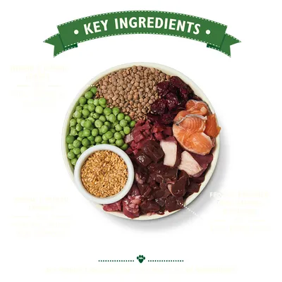 Bowl with visible key ingredients: green peas, lentils, flaxseeds, raw salmon, duck, venison, and dried cranberries. Banner above reads 'Key Ingredients'.