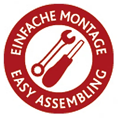 Röd symbol med texten "Einfache Montage" och "Easy Assembling", visar skiftnyckel och skruvmejsel.