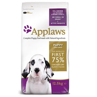 Applaws Puppy Large Breed hondenvoer, 12,5 kg. 75% kip, geen granen, actieve probiotica. Complete puppyvoeding met natuurlijke ingrediënten. Genoeg voor 90 maaltijden.