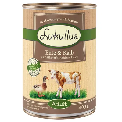 Dose Lukullus Anatra e vitello, con patata dolce, mela e olio di lino. Gusto originale. Adulto, 400 g.