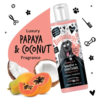 Luxury 2-in-1 shampoo and conditioner with papaya and coconut fragrance, vegan, tested by humans not on animals, pH balanced, paraben free, 250ml bottle.