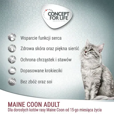 Concept for Life Maine Coon Adult. Wsparcie funkcji serca, zdrowa skóra i sierść, ochrona chrząstek i stawów, dopasowane krokieciki, bez zbóż i soi. Dla kotów Maine Coon od 15 miesięcy.