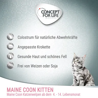 CONCEPT FOR LIFE. Colostrum für natürliche Abwehrkräfte, Angepasste Krokette, Gesunde Haut und schönes Fell, Frei von Weizen oder Soja. MAINE COON KITTEN ab dem 4.–14. Lebensmonat.