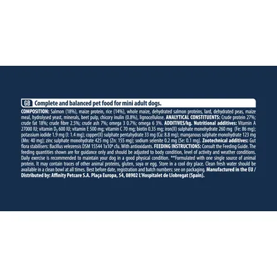 Label with ingredients, analytical constituents, additives, feeding instructions and distributor: Affinity Petcare S.A., Plaça Europa, 54, 08902 L'Hospitalet de Llobregat (Spain).