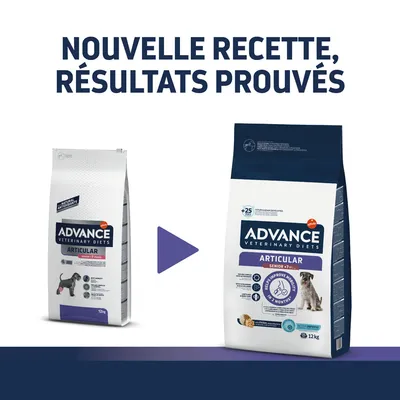 Deux sacs de croquettes Advance Veterinary Diets Articular Senior 7+, ancienne et nouvelle version, texte visible : 'Nouvelle recette, résultats prouvés', poids 12 kg sur chaque sac.