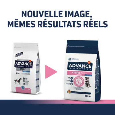 Nouvelle image, mêmes résultats réels. Deux sacs Advance Veterinary Diets Atopic 1,5 kg pour chien, ancien et nouveau design d’emballage côte à côte.