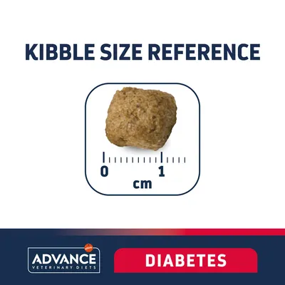Wzorzec wielkości granulki: długość ok. 1 cm. Advance Veterinary Diets Diabetes.