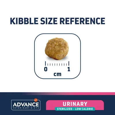 Δείγμα μεγέθους κροκέτας Advance Veterinary Diets Urinary Sterilized – Low Calorie, διάμετρος περίπου 1 εκ. Κείμενο στα αγγλικά: Kibble Size Reference.