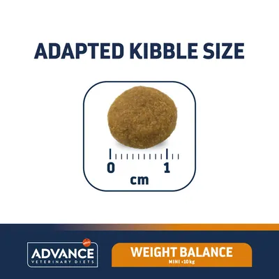 Adapted kibble size, round piece shown with scale 0–1 cm. ADVANCE Veterinary Diets. Weight Balance MINI <10 kg.