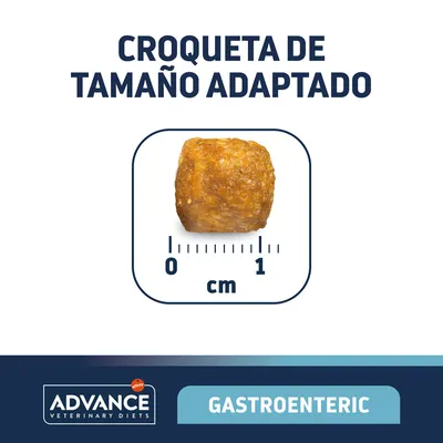 Croqueta de tamaño adaptado, aproximadamente 1 cm. Texto: ADVANCE VETERINARY DIETS GASTROENTERIC.