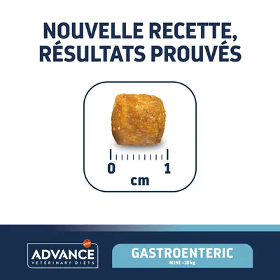 Nouvelle recette, résultats prouvés. Croquette Advance Veterinary Diets Gastroenteric Mini <10 kg, taille environ 1 cm.