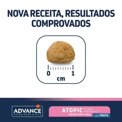 Nova receita, resultados comprovados. Croquete Advance Veterinary Diets Atopic & Food Sensitivity Medium Maxi +10 kg com truta, diâmetro visível de cerca de 1 cm.