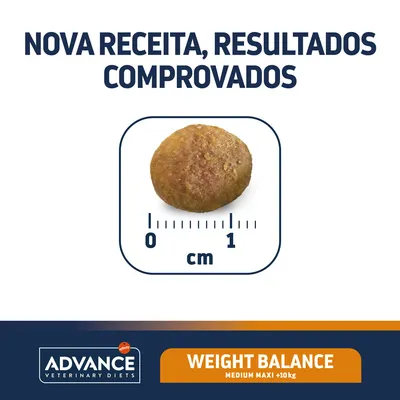 Advance Veterinary Diets Weight Balance Medium Maxi +10 kg. Nova receita, resultados comprovados. Croquete com cerca de 1 cm de diâmetro visível junto a régua.