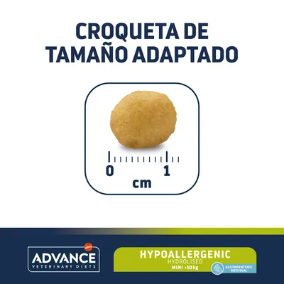 Croqueta de tamaño adaptado, diámetro visible en escala de 0 a 1 cm. Texto: ADVANCE VETERINARY DIETS, HYPOALLERGENIC HYDROLISED MINI <10 kg, GASTROENTERIC DIETA DUAL.