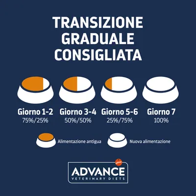 Tabella transizione graduale consigliata Advance Veterinary Diets: Giorno 1-2 75%/25%, Giorno 3-4 50%/50%, Giorno 5-6 25%/75%, Giorno 7 100%. Alimentazione antica e nuova indicate.
