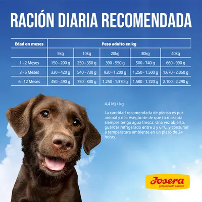 Tabla de ración diaria recomendada para perros según edad y peso, instrucciones de uso y logotipo Josera en la esquina inferior derecha.