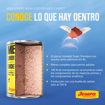 Texto: Conoce lo que hay dentro. El pienso húmedo Super Premium con mucha carne adicional (65 %), completo para perros adultos, transparencia total y producción con huella de carbono cero.