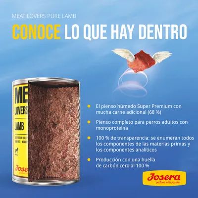 Josera Meat Lovers Pure Lamb. Pienso húmedo Super Premium con 68 % carne, monoproteína, transparencia total en ingredientes y producción con huella de carbono cero al 100 %. Para adultos.