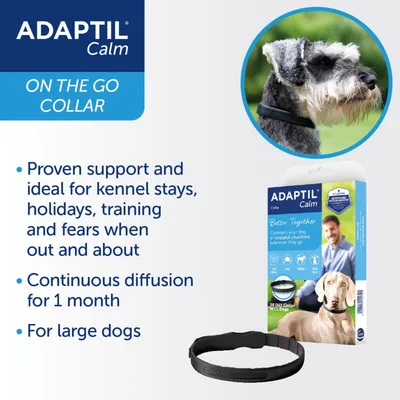 Adaptil Calm On The Go Collar for large dogs, provides support during kennel stays, holidays, training and fears, offers continuous diffusion for 1 month.