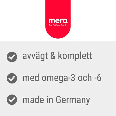 mera The Petfood Family. avvägt & komplett, med omega-3 och -6, made in Germany.