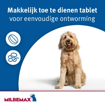 Makkelijk toe te dienen tablet voor eenvoudige ontworming. MILBEMAX merknaam zichtbaar, afbeelding van een hond en twee pictogrammen links.