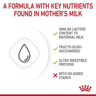 Formula with key nutrients found in mother's milk: similar lactose content to maternal milk, fructo-oligosaccharides, ultra digestible proteins, and no added starch.
