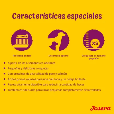 Características especiales Josera: profilaxis dental, desarrollo óptimo, croquetas de tamaño pequeño. A partir de 6 semanas, proteínas de pato y salmón, receta digestible, adecuado para razas pequeñas.