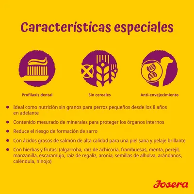 Características especiales: profilaxis dental, sin cereales, anti-envejecimiento. Nutrición sin granos para perros pequeños desde 8 años, minerales, reduce sarro, ácidos grasos de salmón, hierbas y frutas.