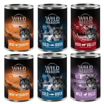 Boîtes de pâtée pour chat Wild Freedom 400 g : Wide Country Chicken, Cold River Chicken with Pollock, High Valley Chicken with Beef, Wild Hills Chicken with Duck. Chats illustrés sur chaque boîte.