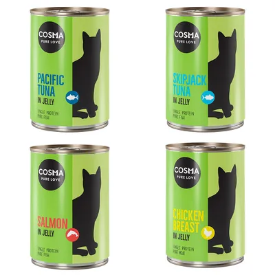 Cosma Pure Love Dosen: Pacific Tuna, Skipjack Tuna, Salmon und Chicken Breast in Jelly. Single Protein, reine Zutaten für Katzen.