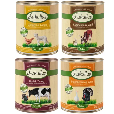 Lukullus Nassfutter für Hunde, Sorten: Geflügel & Lamm, Kaninchen & Wild, Beef & Turkey, Putenherzen & Gans, jeweils 800g Dose. Mit natürlichen Zutaten und Adult-Kennzeichnung.