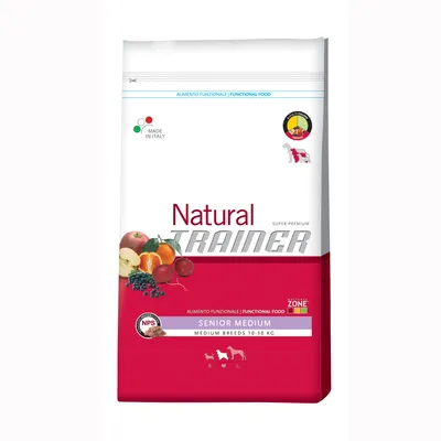 Sac hrană Natural Trainer Super Premium Senior Medium pentru câini de talie medie 10–30 kg, cu imagini de fructe și text vizibil: Made in Italy, Functional Food, NPS.