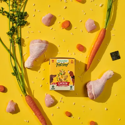 Product image showing Naturediet Feel Good Chicken with rice and carrots, surrounded by raw chicken pieces, carrots, rice grains and parsley on a yellow background.