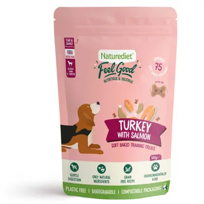 Turkey with salmon soft baked training treats, approx. 75 mini bites, gentle digestion, only natural ingredients, grain free recipe, environmentally kind, plastic free packaging.