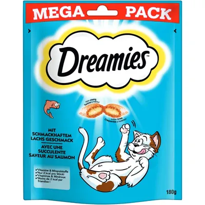 Dreamies MEGA PACK, 180 g. Text: Mit schmackhaftem Lachs Geschmack, Vitamine & Mineralstoffe, Nur 2 kcal pro Stück. Bild på katt och laxbitar. Förpackning med blå bakgrund.