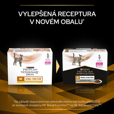 Porovnání starého a nového balení Purina Pro Plan Veterinary Diets NF Renal Function pro kočky, text: Vylepšená receptura v novém obalu.