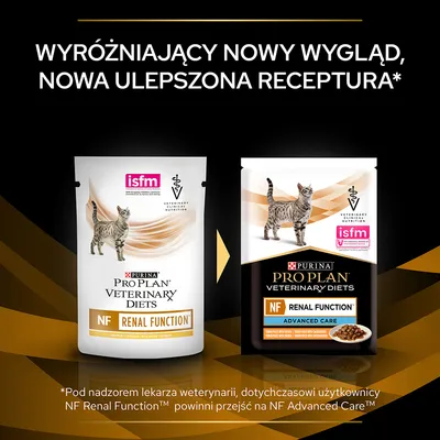 Purina Pro Plan Veterinary Diets NF Renal Function oraz NF Renal Function Advanced Care dla kotów, nowy wygląd i ulepszona receptura. Widoczne logo isfm i tekst o zmianie produktu.