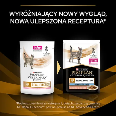 Purina Pro Plan Veterinary Diets NF Renal Function oraz NF Renal Function Advanced Care dla kotów, nowy wygląd i ulepszona receptura. Widoczne opakowania i tekst informacyjny.
