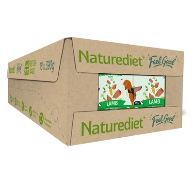 Box of 18 x 390g Naturediet Feel Good lamb with root vegetables, British made, recyclable packaging.