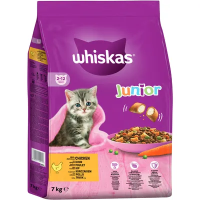 Saco de 7 kg de pienso Whiskas Junior para gatitos, con imagen de un gato pequeño, texto visible: 'with delicious chicken', '2-12 months', 'pollo', y croquetas en un cuenco.